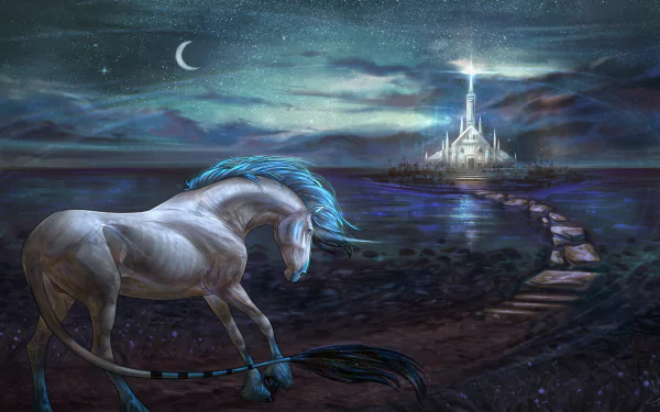 A 4K Ultra HD fantasy night scene featuring a glowing unicorn with a blue mane by a moonlit path leading to a luminous castle across the water.