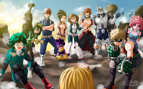 HD PC desktop wallpaper featuring My Hero Academia characters: Izuku Midoriya, Katsuki Bakugou, Shoto Todoroki, Eijiro Kirishima, Tenya Iida, Ochaco Uraraka, Tsuyu Asui, Mina Ashido, Momo Yaoyorozu, Minoru Mineta, Eri, and Toru Hagakure.