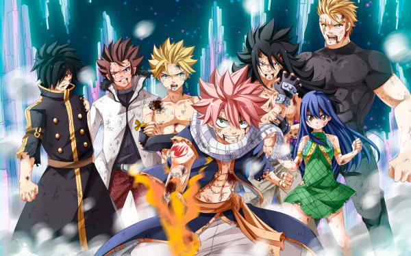A vibrant HD wallpaper featuring characters from Fairy Tail, including Natsu Dragneel, Wendy Marvell, Laxus Dreyar, and others, showcasing their dynamic poses and intense expressions.