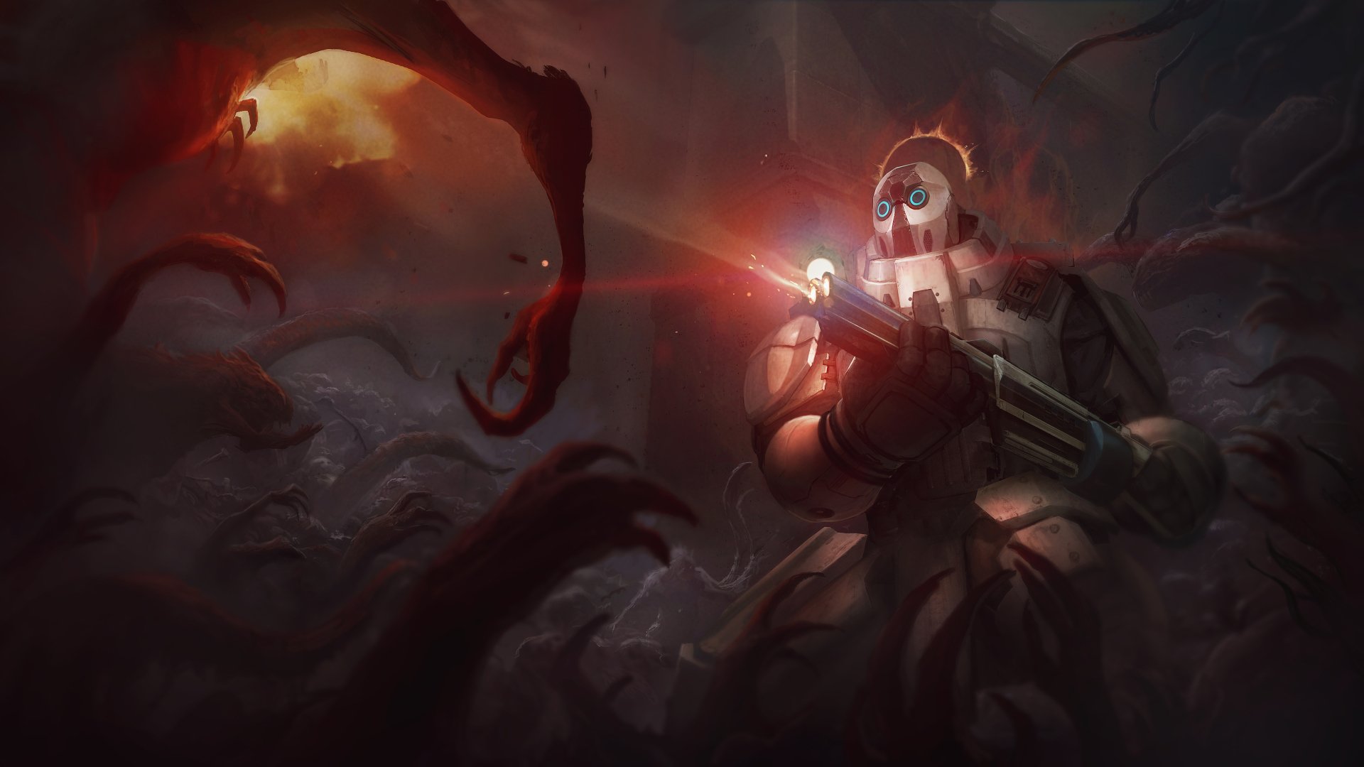 4K Ultra HD PC desktop wallpaper of an armored warrior from Evolve (video game) firing a weapon as shadowy tentacles approach, cinematic dark battlefield background.