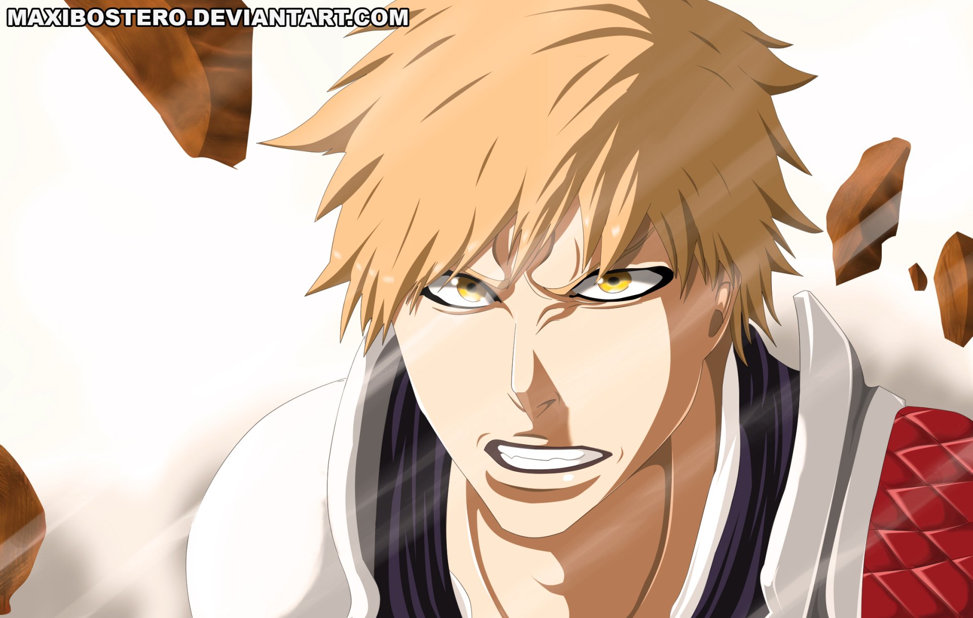 HD PC desktop wallpaper of Ichigo Kurosaki (Bleach) anime: close-up, fierce glare, spiky orange hair, yellow eyes, white-and-red shihakusho, debris floating around.