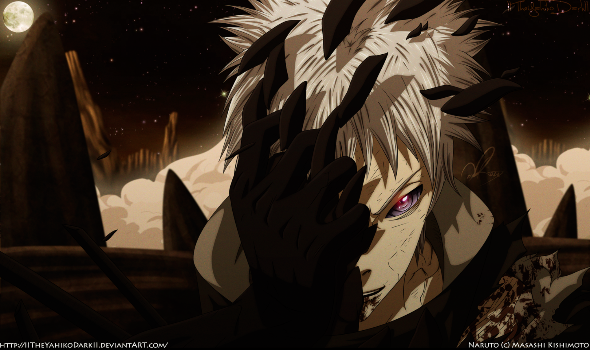 HD PC desktop wallpaper featuring Obito Uchiha from the anime Naruto, showcasing his intense expression and detailed shading in a dark, dramatic scene.