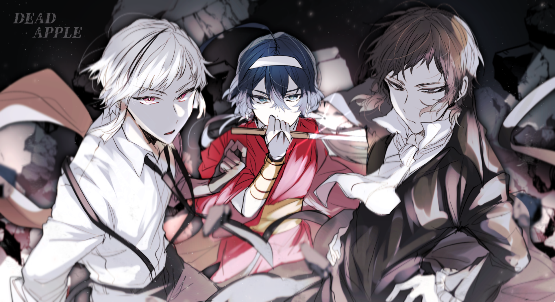 HD PC desktop wallpaper/background of Atsushi Nakajima, Kyōka Izumi, and Ryūnosuke Akutagawa from the anime Bungou Stray Dogs, posed dramatically amid shadows and blood‑red accents.