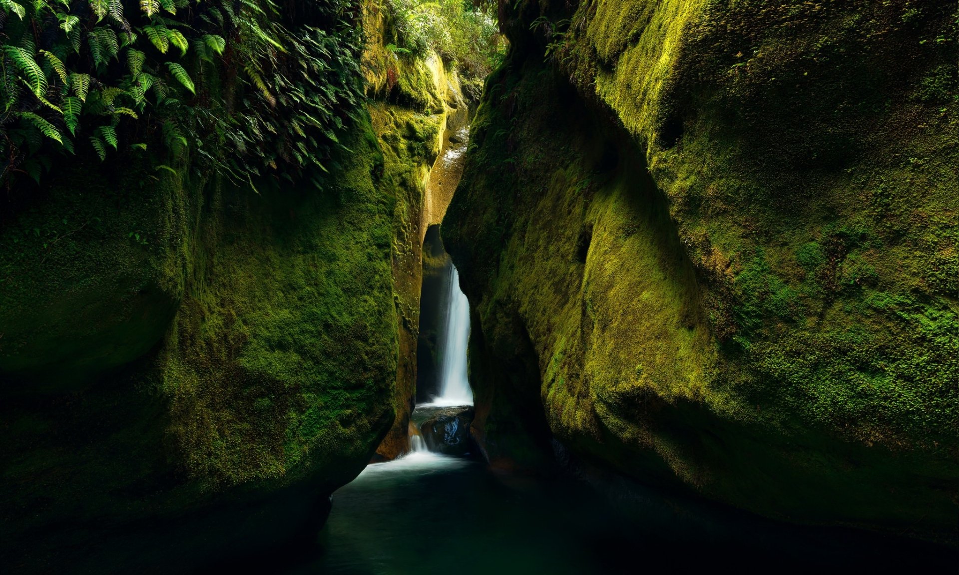 HD desktop wallpaper of a serene canyon with a cascading waterfall surrounded by lush, green foliage.