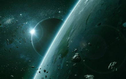 HD PC desktop wallpaper: sci-fi space scene with a towering planet horizon, nearby moon, drifting asteroids, distant Earth-like planet and starfield.