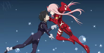 HD desktop wallpaper featuring Hiro and Zero Two from the anime Darling in the FranXX, depicted floating in a serene starry background.
