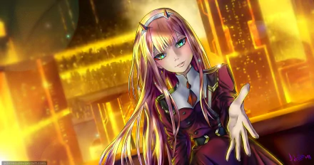 Anime character Zero Two from Darling in the FranXX is depicted in vibrant 4K Ultra HD detail, reaching out with a glowing, golden background for a stunning PC desktop wallpaper.