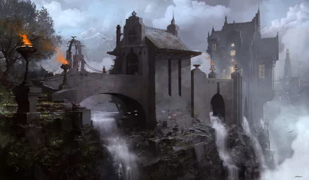 A fantasy HD PC wallpaper depicting a misty stone bridge over cascading waterfalls, with gothic-style buildings emerging from the fog under a cloudy sky.