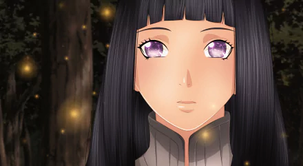HD anime wallpaper featuring Hinata Hyuga from Naruto, showcasing her with glowing lavender eyes and a serene expression against a softly lit background.