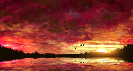 HD anime desktop wallpaper featuring a sunset over a tranquil lake, with vibrant clouds and silhouetted birds soaring above.