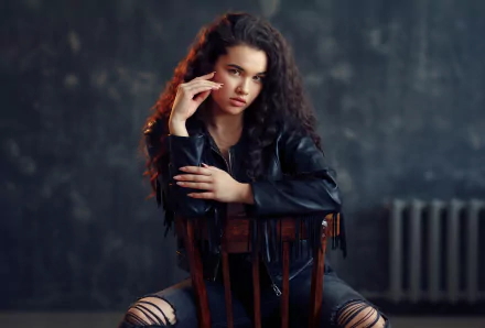 HD desktop wallpaper featuring a model with black hair wearing a leather jacket, seated with an intense expression against a dark, textured background.