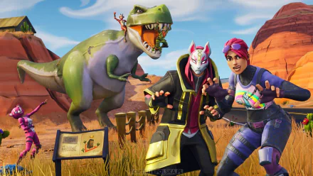 HD desktop wallpaper featuring characters from Fortnite Battle Royale in a vibrant, animated desert setting with a large T-Rex in the background. Tags: Fortnite Battle Royale, video game, Fortnite.