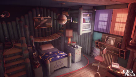 HD PC desktop wallpaper of a cozy, whimsical child's bedroom from the video game What Remains of Edith Finch, with bunk bed, star mobile and warm window light.