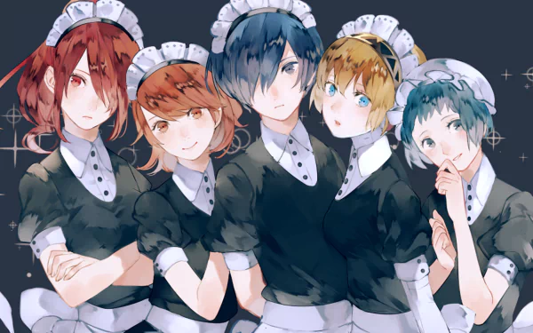 HD PC desktop wallpaper featuring Fuuka Yamagishi, Aigis, Minato Arisato, Yukari Takeba, and Mitsuru Kirijo from the video game Persona 3, dressed in maid outfits.