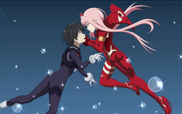 HD desktop wallpaper featuring Hiro and Zero Two from the anime Darling in the FranXX, depicted floating in a serene starry background.