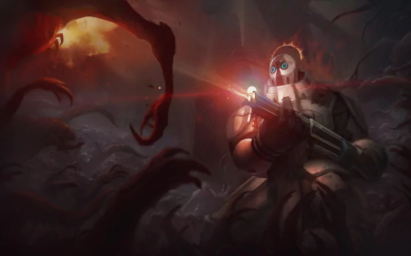 4K Ultra HD PC desktop wallpaper of an armored warrior from Evolve (video game) firing a weapon as shadowy tentacles approach, cinematic dark battlefield background.