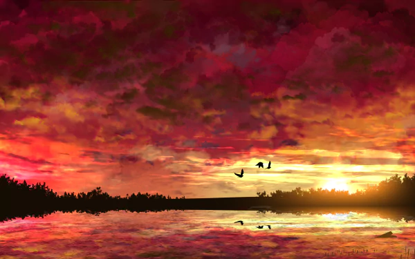 HD anime desktop wallpaper featuring a sunset over a tranquil lake, with vibrant clouds and silhouetted birds soaring above.
