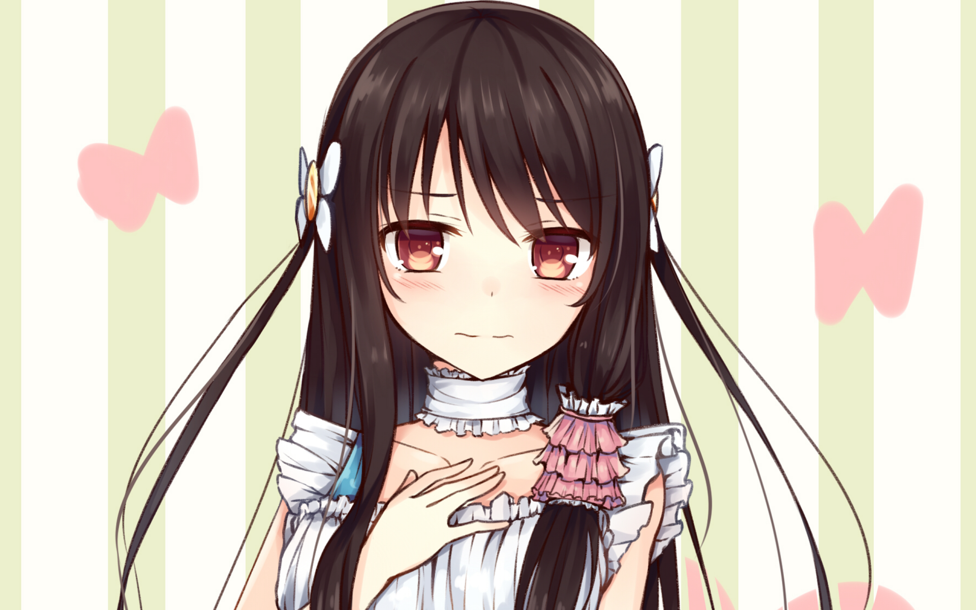Anime original girl with long black hair and red eyes in a frilly dress, hand to chest, pastel striped background with pink bows — 2K Quad HD PC desktop wallpaper.