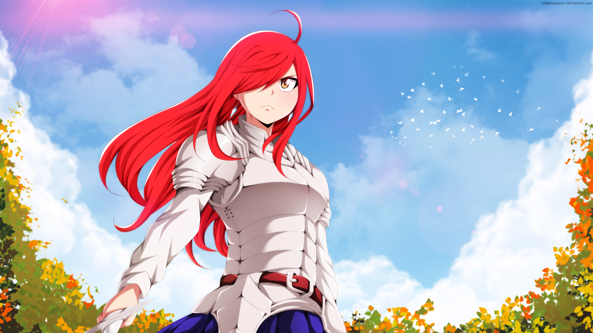 HD PC desktop wallpaper featuring Erza Scarlet from the anime Fairy Tail, standing confidently against a bright blue sky with clouds and yellow flowers below.