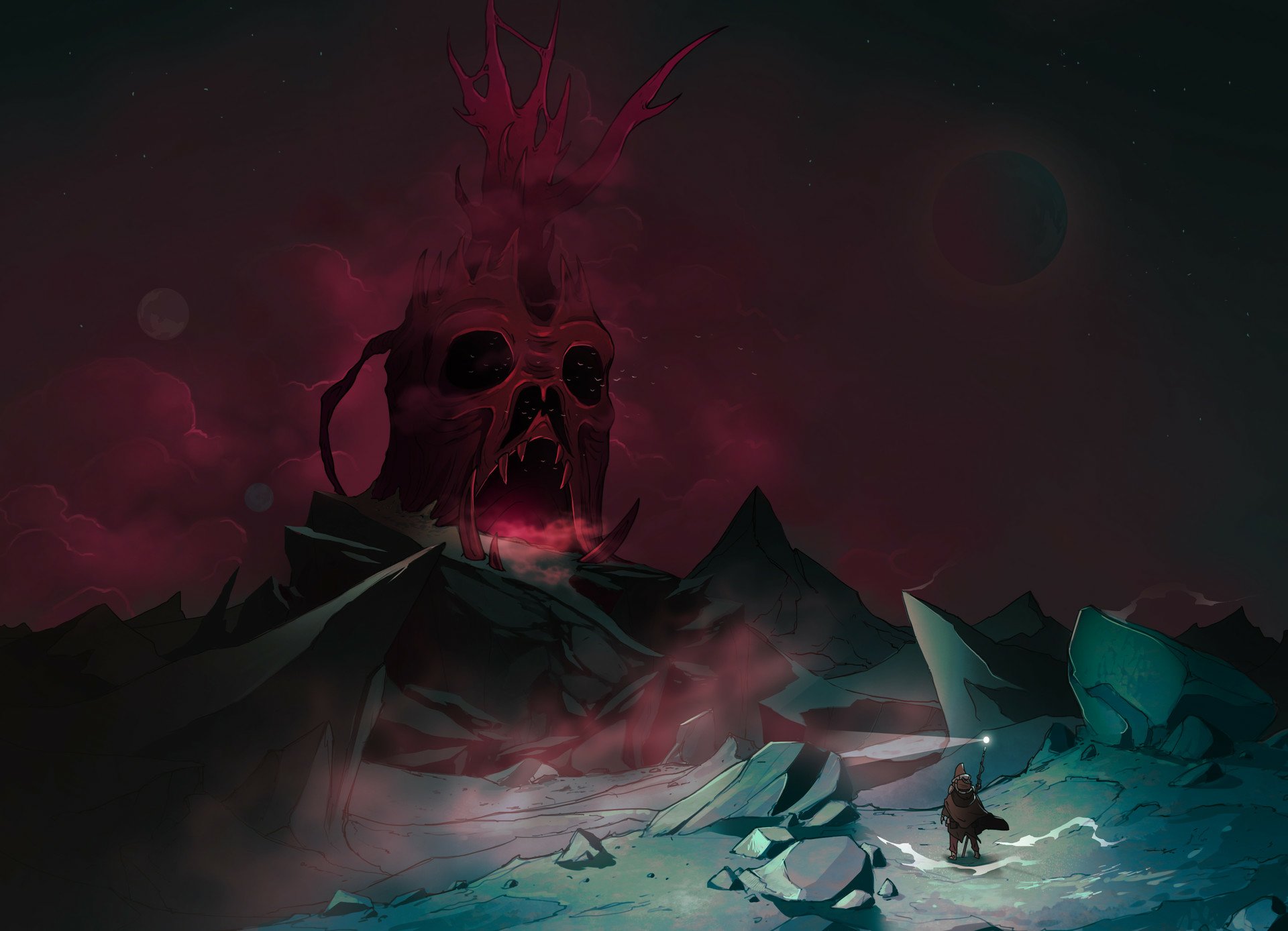 Fantasy cave scene in HD PC desktop wallpaper depicting a dark, eerie skull-shaped cavern with glowing red light amid jagged rocky terrain under a moody sky.