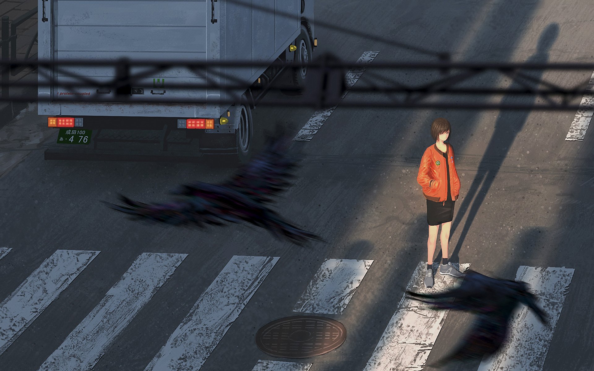 Anime original HD PC desktop wallpaper and background: a girl in an orange jacket stands on a sunlit zebra crossing as blurred crows swoop, their long shadows stretching across the urban street.