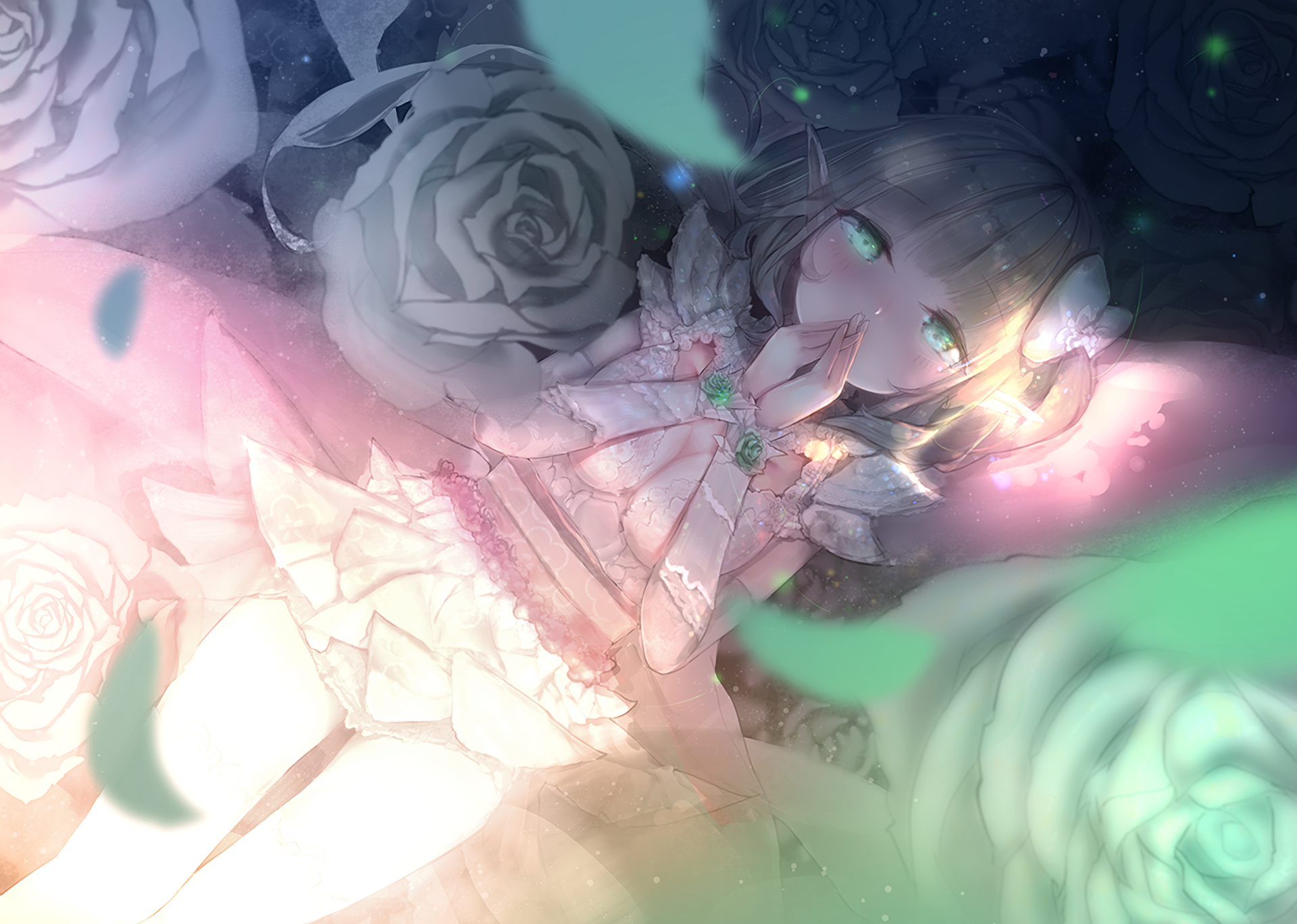 Anime-style original HD desktop wallpaper featuring a character with glowing green eyes surrounded by soft, glowing roses and ethereal light effects.