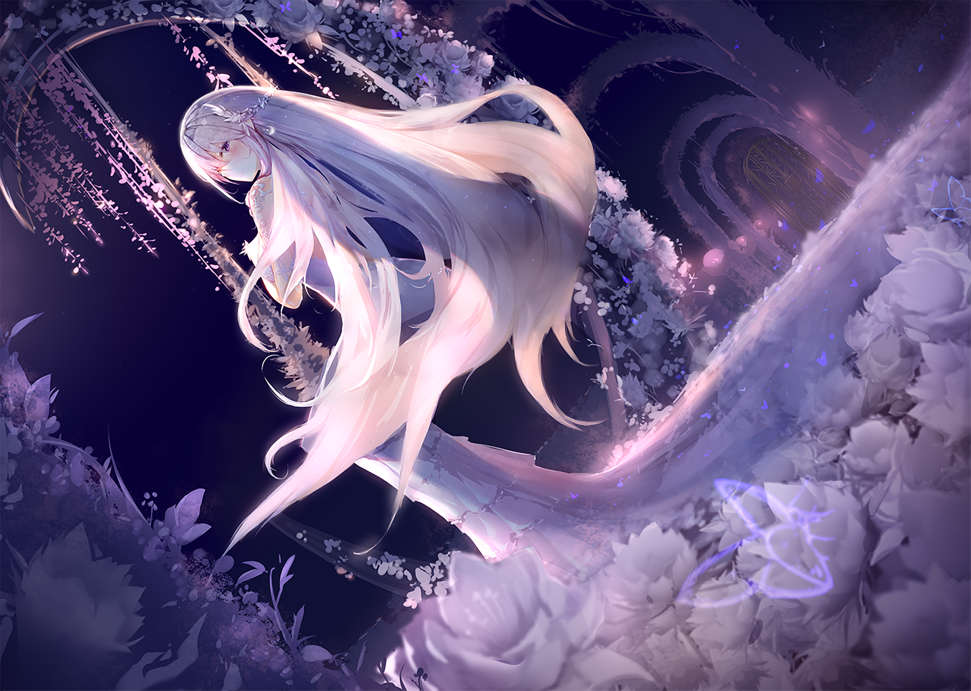 Anime-style night scene featuring an original character with flowing white hair amidst glowing flowers, designed as an HD PC desktop wallpaper background.
