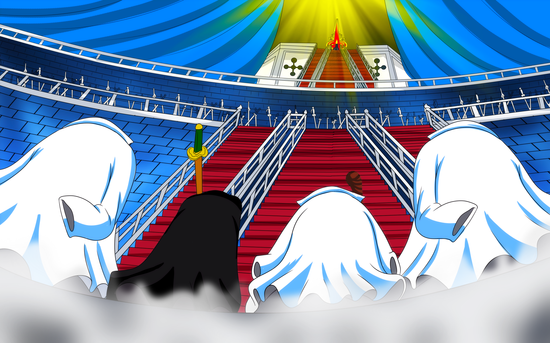 Anime-style 4K Ultra HD One Piece wallpaper depicting four characters standing before a grand staircase leading to a glowing throne inside a vibrant, colorful arena.