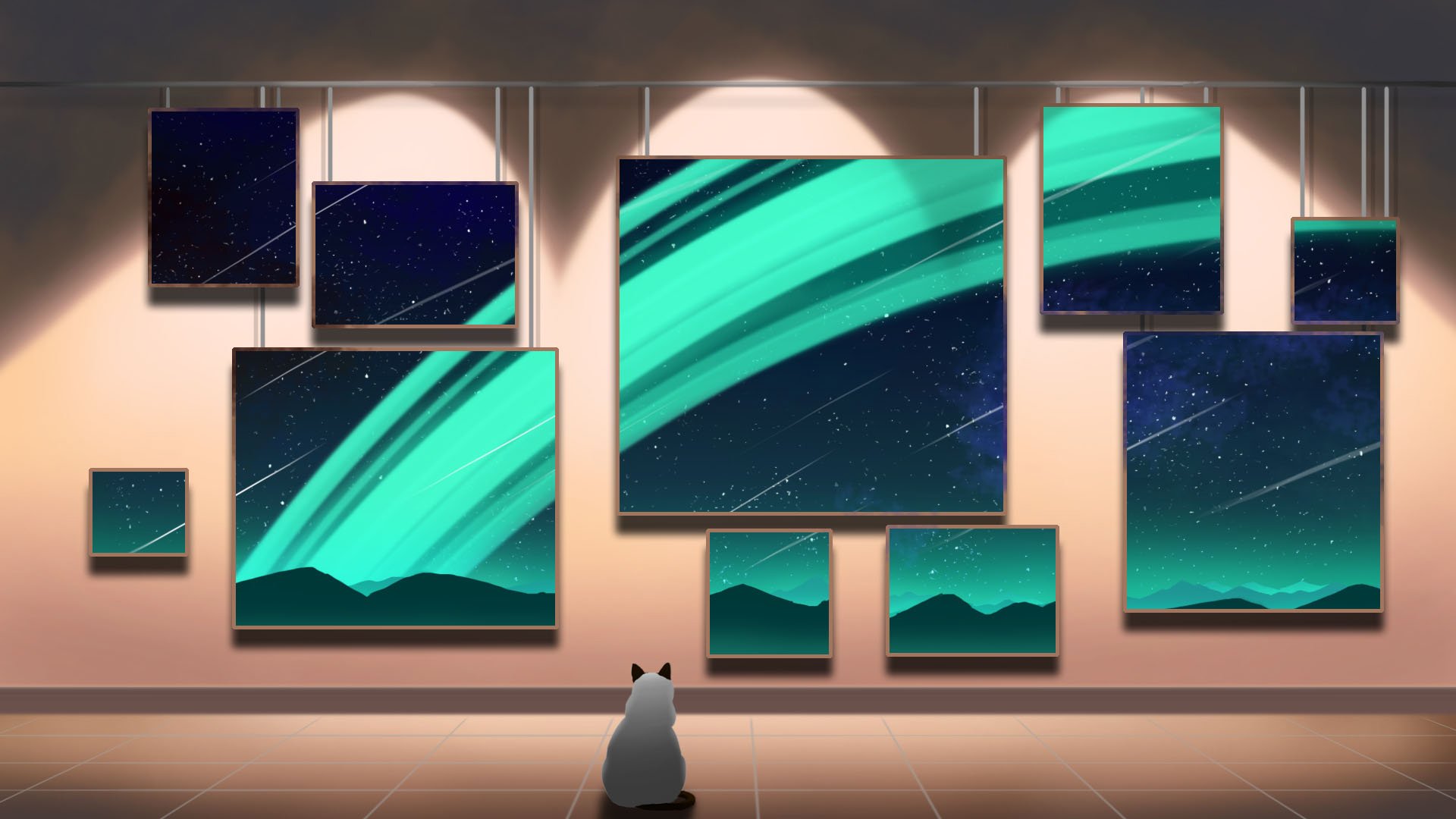 An anime-styled HD wallpaper featuring a cat gazing at multiple framed space-themed artworks displayed on a wall.