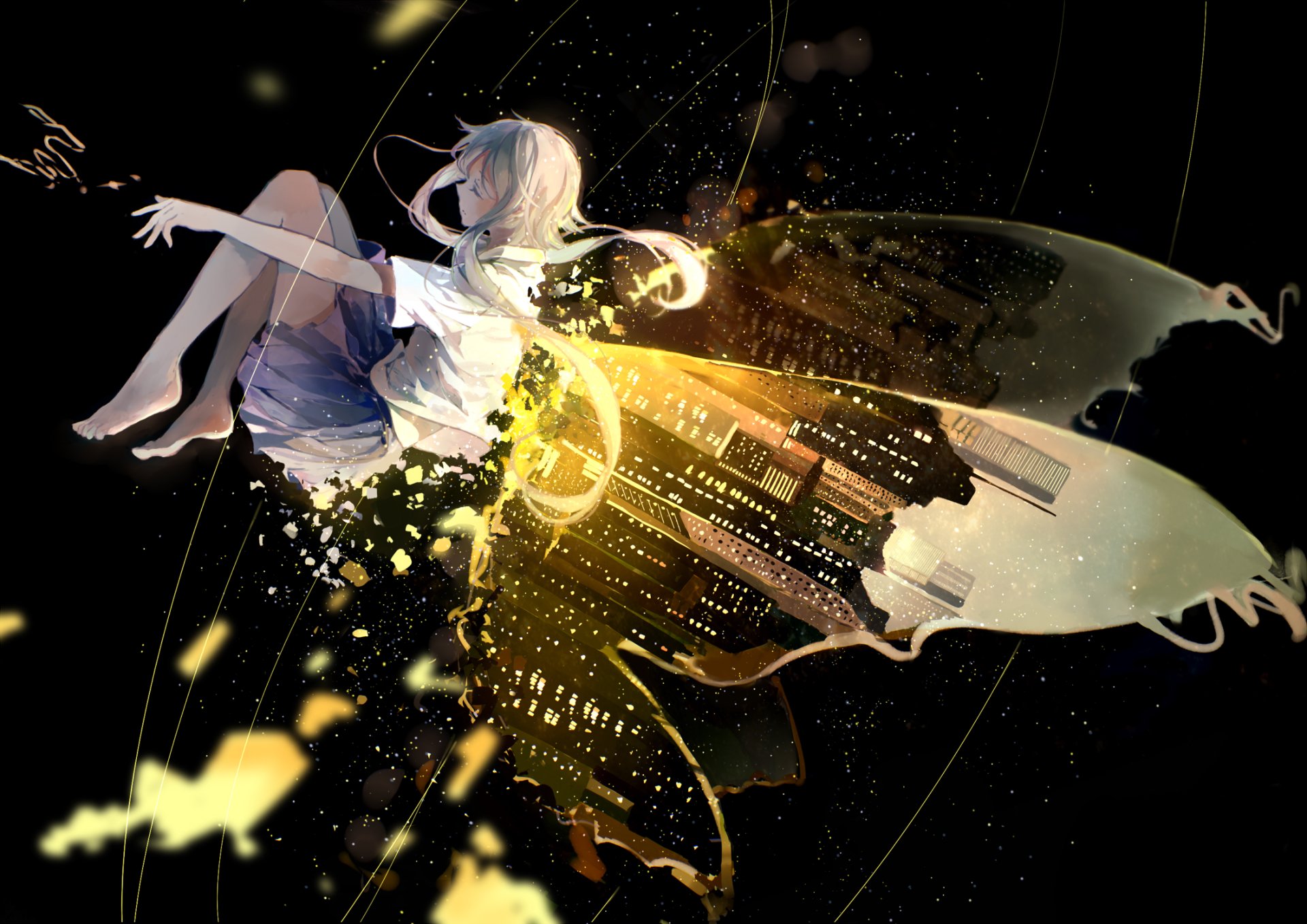 HD PC desktop wallpaper featuring Luo Tianyi from Vocaloid in an anime style, depicted with glowing, abstract golden wings against a dark background.