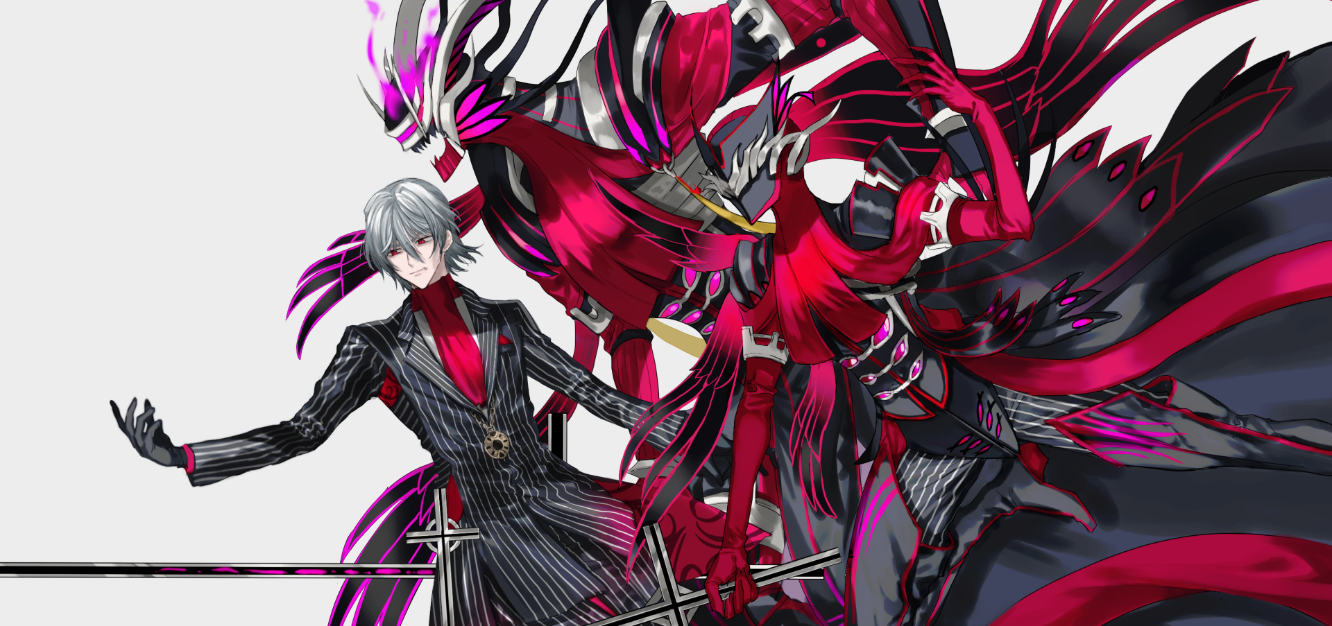 HD PC desktop wallpaper of Antonio Salieri from Fate/Grand Order, featuring vibrant anime art with dynamic black, red, and purple tones.