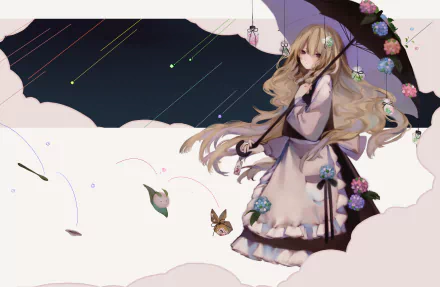 HD PC desktop wallpaper featuring Marisa Kirisame from the Touhou anime series, holding an umbrella amid a whimsical night sky with shooting stars and scattered petals.