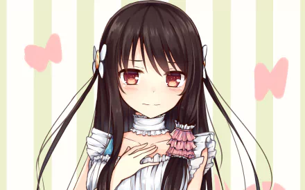 Anime original girl with long black hair and red eyes in a frilly dress, hand to chest, pastel striped background with pink bows — 2K Quad HD PC desktop wallpaper.