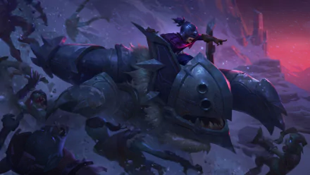 Nunu from League of Legends rides a massive armored creature through a dark, rocky landscape in this 8K Ultra HD video game desktop wallpaper.