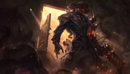 HD desktop wallpaper featuring Lucian from League of Legends, depicted in an intense battle stance, amidst a shadowy setting.