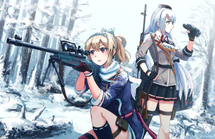HD PC desktop wallpaper featuring SVD and SV-98 from the video game Girls Frontline in a snowy forest setting.