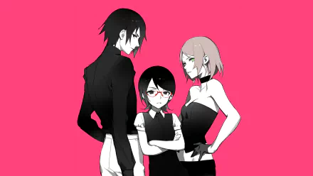 HD PC desktop wallpaper of Sasuke Uchiha, Sakura Haruno and their daughter Sarada Uchiha from Boruto, posed against a vivid pink background.