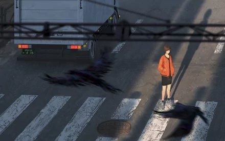 Anime original HD PC desktop wallpaper and background: a girl in an orange jacket stands on a sunlit zebra crossing as blurred crows swoop, their long shadows stretching across the urban street.