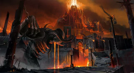 HD desktop wallpaper featuring a dark, apocalyptic DOOM Eternal scene with fiery landscapes and monstrous figures.