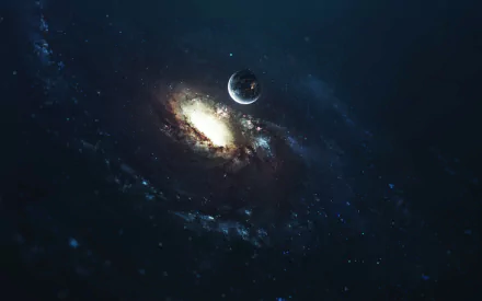 HD Sci-Fi desktop wallpaper depicting a glowing galaxy with a nearby planet set against the dark backdrop of space.