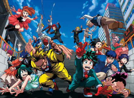 HD PC desktop wallpaper featuring vibrant anime characters from My Hero Academia in dynamic action poses against a cityscape background.