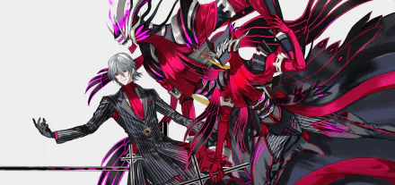 HD PC desktop wallpaper of Antonio Salieri from Fate/Grand Order, featuring vibrant anime art with dynamic black, red, and purple tones.