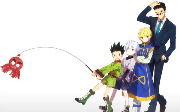 HD wallpaper featuring Kurapika, Leorio Paradinight, Killua Zoldyck, and Gon Freecss from the anime Hunter × Hunter, showcasing their distinct personalities and styles.