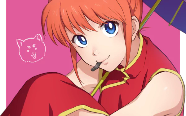 Kagura (Gintama) anime portrait in a red cheongsam, holding a parasol with a playful expression and candy in her mouth — 2K Quad HD PC desktop wallpaper/background.
