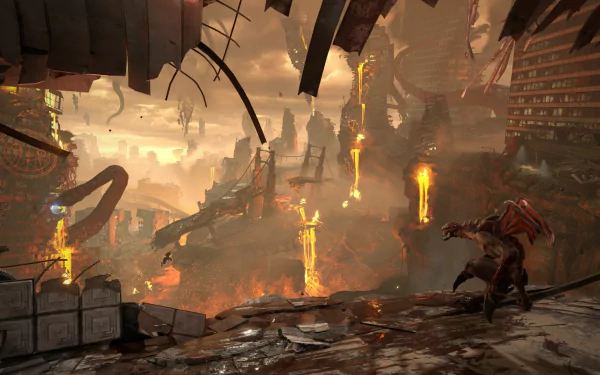 HD DOOM Eternal desktop wallpaper featuring a fiery dystopian scene with towering structures and a demon in the foreground.