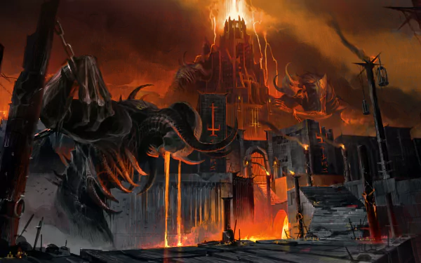 HD desktop wallpaper featuring a dark, apocalyptic DOOM Eternal scene with fiery landscapes and monstrous figures.