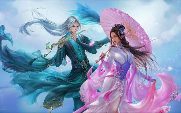 HD PC wallpaper depicting a fantasy oriental couple dancing gracefully, surrounded by flowing fabrics and delicate flowers in an ethereal, Asian-inspired scene.