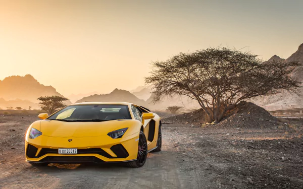 Yellow Lamborghini Aventador S supercar parked on a dirt road with mountains and a tree in the background, captured in 4K Ultra HD for a PC desktop wallpaper.