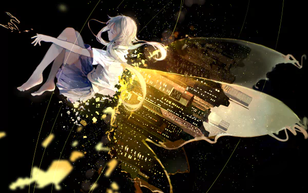 HD PC desktop wallpaper featuring Luo Tianyi from Vocaloid in an anime style, depicted with glowing, abstract golden wings against a dark background.