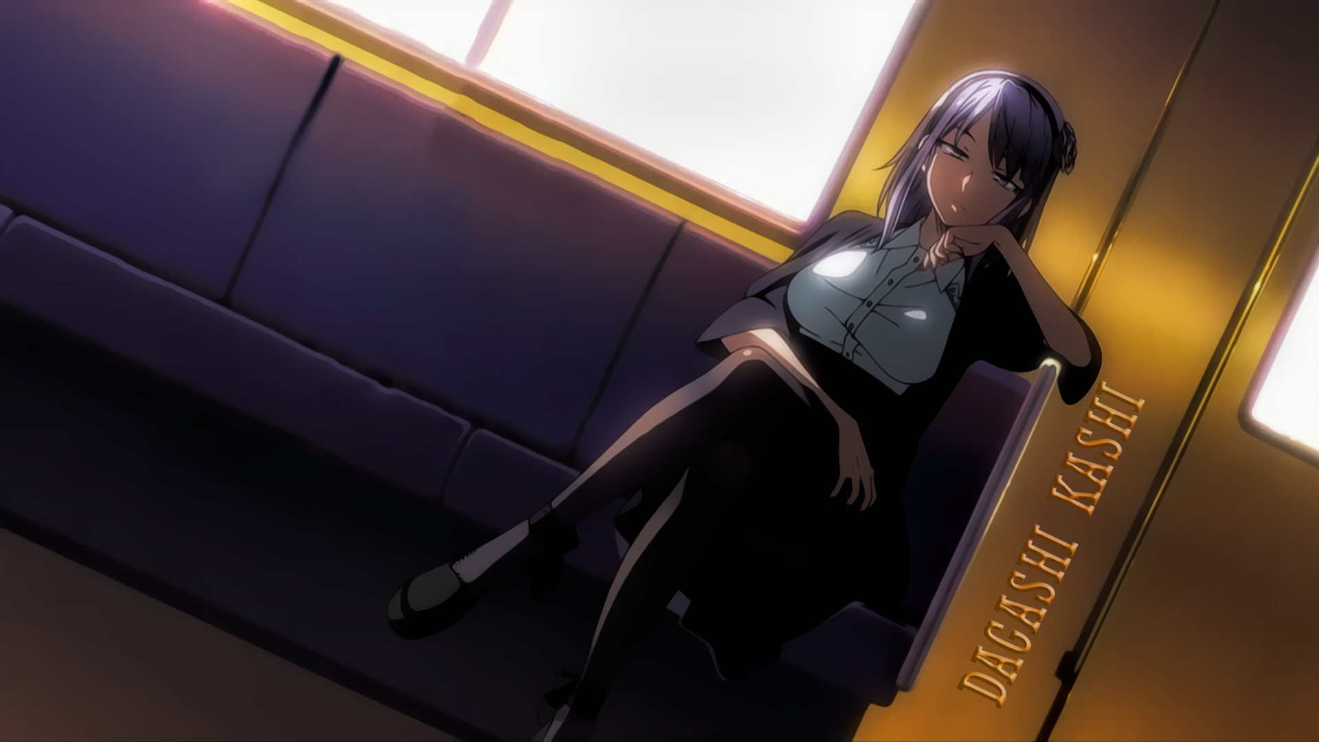 Anime character Shidare Hotaru with blue eyes and purple hair, wearing a headband, skirt, and thigh highs, from Dagashi Kashi, sitting on a couch. Text Dagashi Kashi appears on the right. HD wallpaper.